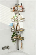 KEGII Shower Caddy Tension Pole, 4-Tier Rustproof Adjustable Corner Bathroom Organizer for Renters, 25–114.2 Inch No Drill Space-Saving Shower Storage Rack, Silver Gray - style: Tension Caddy（Silver Gray）