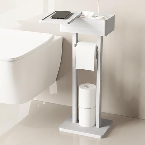 Wealone 4-in-1 White Toilet Paper Holder Stand with Storage Shelf Box, Bamboo Free Standing Toilet Tissue Roll, Toilet Wipes Dispenser Organizer, Temporary Desktop for Bathroom (Patent Protection) - color: White