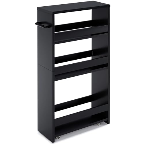 MARTY Slim Rolling Storage Cart 4-Tier Kitchen Cart with Wheels, Laundry Room Storage with Handle Slide Out Utility Cart Shelving Unit Organizer Trolley for Narrow Places Bathroom Small Corner, Black - color: All Black, size: 5.51"D x 15.75"W x 31.5"H