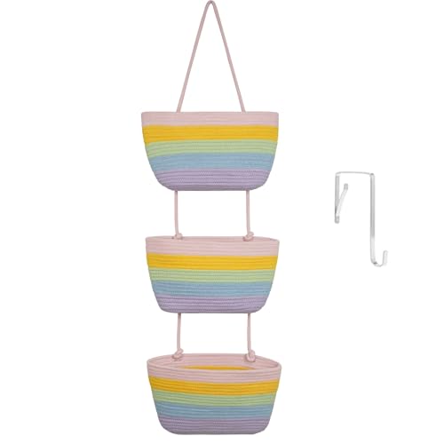 TeoKJ Over the Door Hanging Basket, 3-Tier Woven Cotton Wall-Mounted Storage Organizer Bag Decorative Hanging Nursery Baskets, Rainbow - color: Rainbow