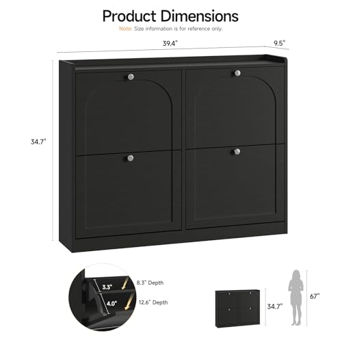 ONBRILL Shoe Cabinet with 4 Flip Drawers, Freestanding Ultra Slim Hidden Shoe Organizer with Classic Arched Pattern, 16-24 Pairs Shoe Storage Cabinet for Entryway Hallway Living Room (Black) - color: Black