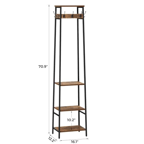 Coat Rack Freestanding, Coat Stand with 3 Shelves and 7 Hooks, Hall Tree Free Standing, Clothes Rack Stand Organizer, Industrial Style, Rustic Brown and Black - color: Rustic Brown and Black, style: 3 Shelves