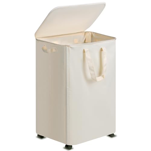 Vincona Slim Laundry Hamper with Lid and Wheels, Small Rolling Laundry Basket with Handle for Small Spaces, Tall Dirty Clothes Hampers for Dorm, Bathroom and Bedroom, 95L, Beige - color: Beige, size: 95L