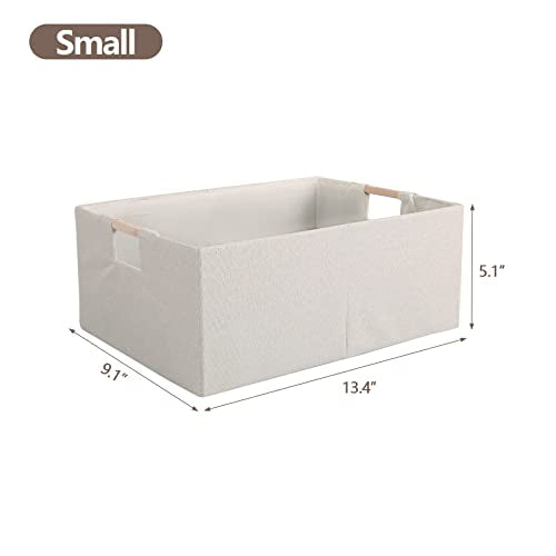 Fabric Storage Bin Box Foldable Cotton Linen Storage Basket with Wooden Handles Rectangular Cube Decorative Home Laundry Organizer Clothes Blanket Container - Beige, Small - color: Beige, size: Small