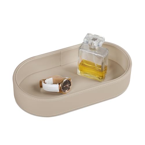 Oval Desk Valet Tray, PU Leather Perfume Dish Bowl for Keys Wallet Watch, Decorative Trinket Vanity Jewelry Tray, Entryway Nightstand Organizer Women Men (Beige) - color: Beige
