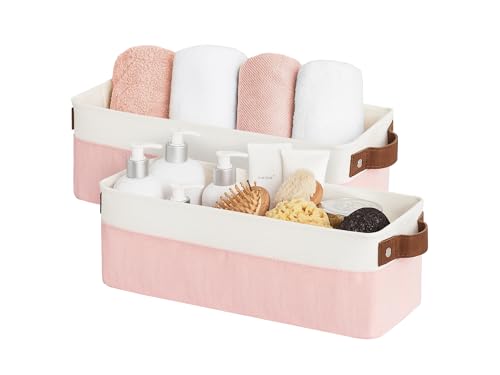 StorageWorks Narrow Storage Bins, Small Basket for Closet and Shelves, Fabric Organizer with Handles, Toilet Paper Storage, Pink and White, 2-Pack - color: Pink and White, size: 15"L x 6"W x 5"H