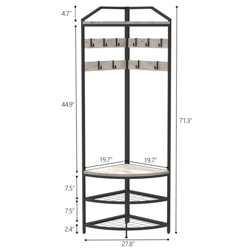 GiftGo Grey Corner Hall Tree with Shoe Bench Entryway Coat Rack with 10 Metal Movable Hooks Rustic Farmhouse Floorstanding Clothes Rack Shoes Shelf Organizer for Home Office Bedroom (Greige) - color: Greige