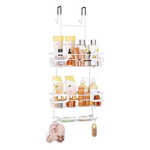 SWTYMIKI Over The Door Shower Caddy With Double Soap Holder, Hanging Shower Caddy With 16 Hooks, No Drilling Hanging Shower Organizer Over Door To Organize Bathroom Essentials, White - color: White
