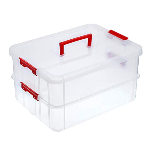 BTSKY 2 Layer Stack & Carry Box, Plastic Multipurpose Portable Storage Container Box Handled Organizer Storage Box for Organizing Stationery, Sewing, Art Craft, Jewelry and Beauty Supplies(Red) - color: Red