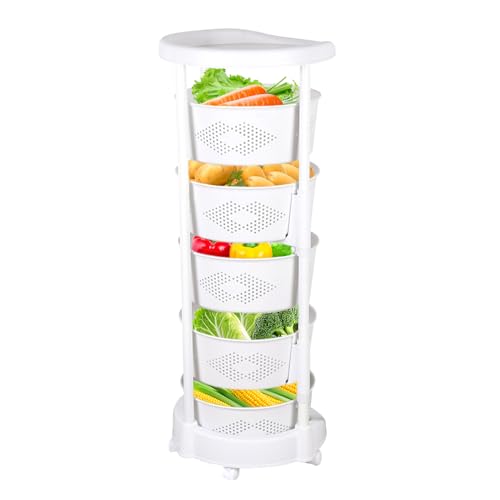 5 Tier Round Rotating Multi-Layer Kitchen Storage Shelf, Fruit Vegetable Storage Basket with Lockable Casters for Living Room Kitchen Home (White)