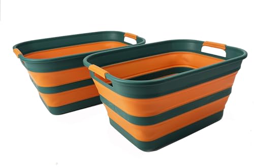 SAMMART Collapsible Plastic Laundry Basket with Handle/Foldable Pop Up Storage Hamper/Portable Laundry Organizer-Space Saving Washing Tub/Household Storage (Teal Green/Autumn leaf, 27L (Set of 2)) - color: Teal Green/Autumn leaf, size: 27L (Set of 2)