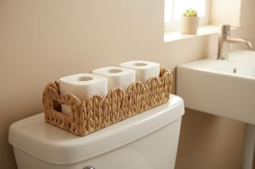 Coeusy Toilet Tank Basket for Bathroom,Scalloped Edge Wicker Basket for Toilet Paper Storage,Small Baskets for Countertop,Shelves,Living Room,Bedroom,Both Organizer&Decor,Natural Water Hyacinth - size: rectangle