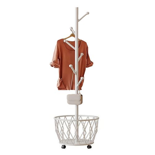 Freestanding Metal Coat Rack Stand with Basket Modern Organizer for Scarf Jacket Hat Bags Ideal for Home Entryway Bedroom Corner Stable and Moveable tree (white) - color: white