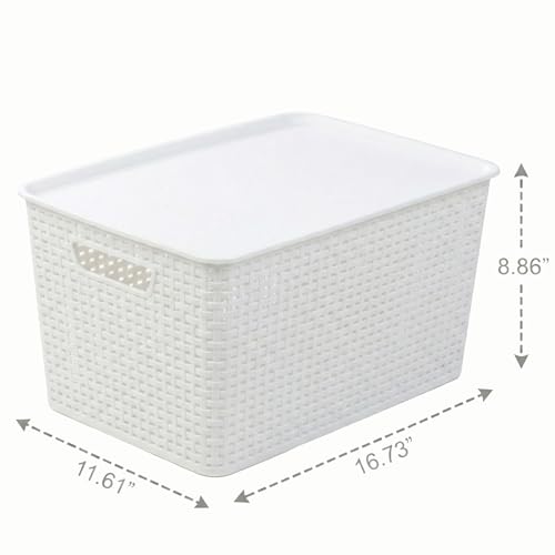 BINO | Plastic Storage Baskets with Lids, 22 Liter - 3 Pack, White | THE WOVEN COLLECTION | Storage Basket for Shelves | Woven Storage Baskets for Organizing Bins Pantry Shelf Organizer Container Bin - color: White, size: 22L | 3-Pack