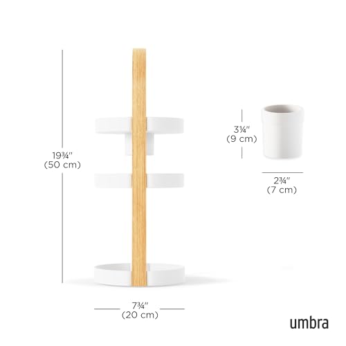Umbra Bellwood Caddy, Organizer for Makeup and Cosmetics, Durable Rotating Container with Wooden Handle, Large, White/Natural - color: White/Natural, size: Large