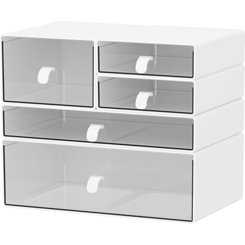 Desk Organizer Set, White & Clear Stackable Dustproof Storage Boxes for Desktop, Office, Bathroom, DIY Craft & Vertical Space Saving, Perfect for Makeup, Stationery Organization (5 Drawer) - size: 5 drawer