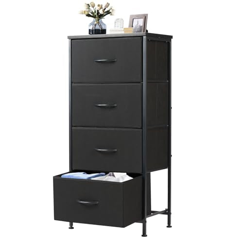 DUMOS Nightstand with 4 Drawers Bedside Table with Removable Fabric Bins Sturdy Steel Frame Wood Top Organizer Furniture for Bedroom Closet Living Room - color: Black, size: 11.8"D x 17.7"W x 37.4"H (4 Drawers)