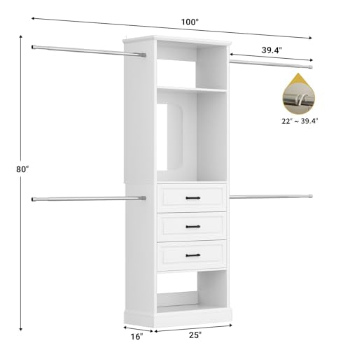 Unikito Closet System, 4FT - 9FT Closet Organizer with Mirror, Luxury Walk in Closet Insert with Drawers and 4 Hanging Rods, Sturdy Wood Wardrobe Closet Garment Rack with 25” Tower, White - color: White