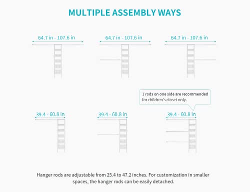Ulif M1 Closet Storage Organizer System, 6 Tiers Heavy Duty Metal Garment Rack with 3 Expandable Hanger Rods, Wall Mounted Space Saver Suits from 5.4-8.7 ft. Width, 71.2”H x 14”D, 700LBS, White - color: White