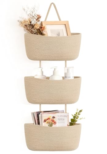 Dahey Over The Door Hanging Basket 3-Tier Woven Boho Wall Mounted Storage Organizer with Hooks for Bedroom Nursery Bathroom Apartments Dorm Pantry Decor, Jute - color: Jute, size: 3-Tier