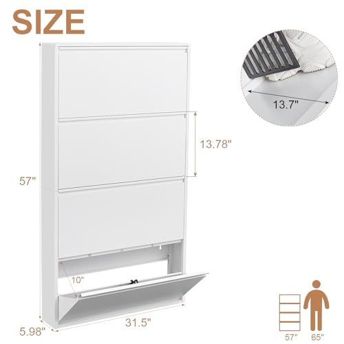LUCYPAL Shoe Cabinet for Entryway,White Narrow Shoe Storage Cabinet with 4 Flip Drawers,Metal Slim Wall Mounted Shoe Cabinet for Entryway,Hallway,Living Room,White - color: White, size: 4 Drawers