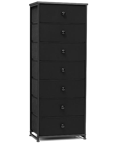 Crestlive Products Tall Dresser, 7-Drawer Fabric Storage Tower, Chests of Drawers - Vertical Organizer Unit for Bedroom, Hallway, Entryway, Nursery, Closets - Steel Frame, Wood Top & Handles (Black) - color: Black, style: Narrow-7 Drawers