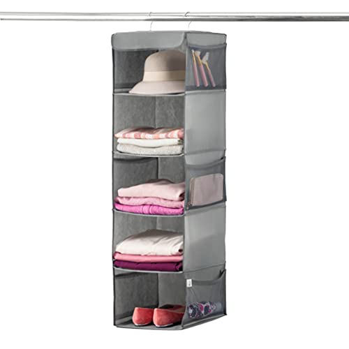 ZOBER Hanging Closet Organizer, 5-Shelf - Hanging Storage Organizer Shelves for Clothes, Towels, Toys - College Dorm Room, Nursery, & Home Closet - color: Grey, size: 5-Shelf