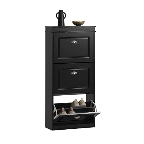 Haotian FSR94-SCH, Black Shoe Cabinet with 3 Flip Drawers, Freestanding Shoe Rack, Shoe Storage Rack(9.4" D x 20.9" W x 46.1" H) - color: Black, size: 3 Drawers:20.8x9.4x46"