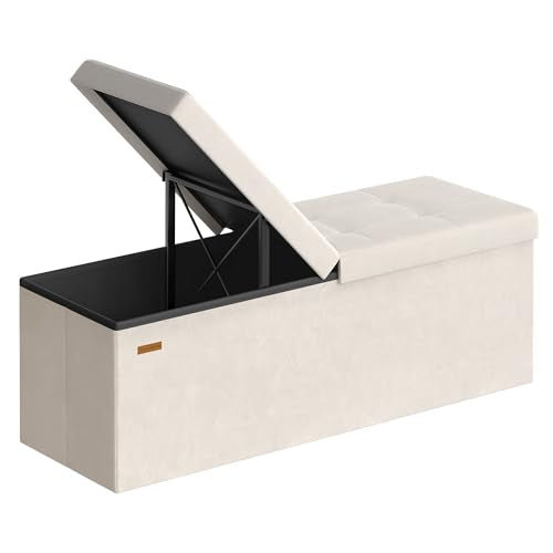 SONGMICS Mazie Collection - 43 Inches Storage Ottoman, Foldable Storage Bench with Flipping Lid, 660 lb Load Capacity, for Entryway, Living Room, Bedroom, Velvet Fabric, Cream White ULSF078LH01 - color: Cream White, size: 15"D x 43"W x 15"H