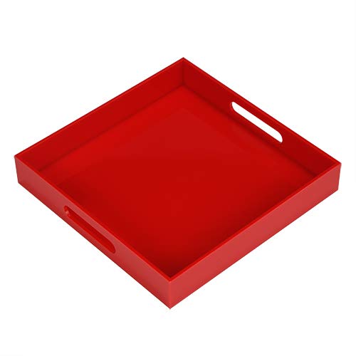 Sturdy Red Acrylic Serving Tray with Handles - 10x10Inch, Coffee/Appetizer/Butler Tray - Kitchen Countertop & Vanity Table Organizer - color: Glossy Red, size: 10" x 10" x 2"