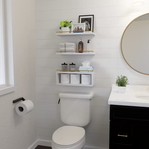 WOPITUES Floating Shelves for Wall with Cube Shelf, Wall Shelves with Metal Rail for Decor, Bathroom Organizers and Storage, Over Toilet Shelves for Bathroom, Toilet Paper-White&Gold - color: Gold & White, size: 15.7 inch