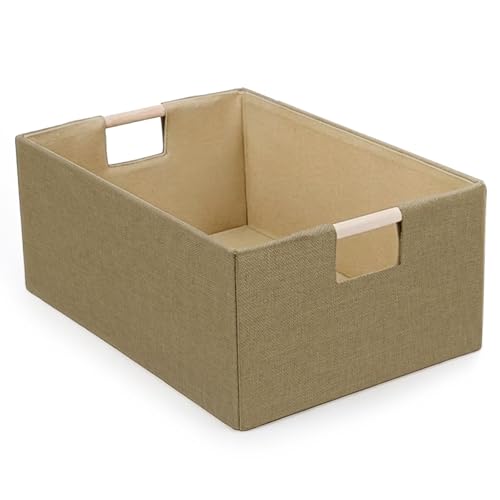 Foldable Fabric Storage Basket for Shelves, Linen Decorative Storage Bin with Wooden Handles, Small Organizer Cube for Closet, Rectangle Canvas Box for Organizing, Decor, 15x10.6x6 Inches (Brown) - color: Brown