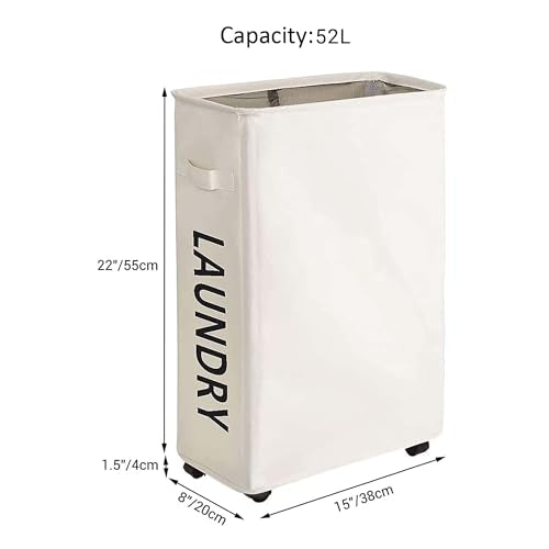 ZERO JET LAG 52L Large Slim Rolling On Wheels Laundry Hamper Tall Dirty Clothes Storage Basket Standable Corner Handy Bin Hamper Basket 15×8×22" (22 Inches, Printed Beige) - color: Printed Beige (With Wheels)