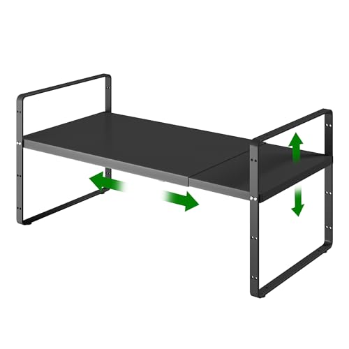 Expandable Cabinet Organizer Shelf, Adjustable Height Organizer Riser for Kitchen Cabinet Spice Rack Locker Pantry Cupboard Under Sink Countertop Desk Organization Metal Stackable Shelves - color: Black-1pack
