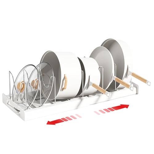 Expandable Pot and Pan Organizer Rack with 7 Stainless Steel Adjustable Shelves, for Neatly Storing Cookware, Pots, Pans, Lid - color: White（Style 1）