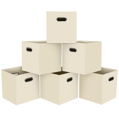 Black Foldable Storage Cubes Bins, Fabric Storage Box Cubes Organizer Baskets with Dual Handles for Home Organizer,Set of 6,(Creamy-White) - color: Creamy-White, size: 6 Pack