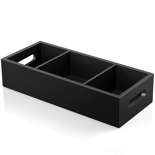14 Inch Bathroom Basket with Removable Dividers - 3 Comparments Wood Toilet Paper Basket with Handle for Back of Toilet Tank Topper - Black Storage Organizer for Bathroom Kitchen Pantry Organization - color: Black