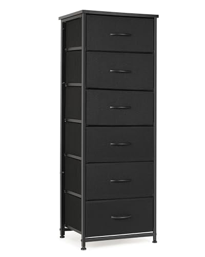 Mifuro Tall Dresser for Bedroom with 6 Drawers, Vertical Storage Organizer Tower, Chest of Drawers with Fabric Bins, Steel Frame, Wood Top for Bedroom, Closet, Entryway- Black - color: Black, size: 6 Medium Drawers