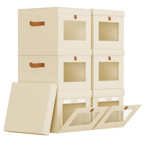 Homsorout Storage Bins with Lid – Closet Organizer with Side Opening and Clear Window, Foldable Stackable Fabric Basket for Clothes, Home, Office - 13.77" x 11.8" x 9.8", 6 Pack, Beige - color: Beige, size: 13.7 Inch-6 Pack