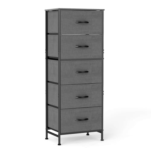 Sweetcrispy 5 Drawer Dresser with Fabric Bins, Sturdy Steel Frame and Wood Top, Storage Organizer Chest for Bedroom, Closet, Hallway, Gray - color: Grey, size: 15.7"D x 11.8"W x 47.7"H (5 Drawers)