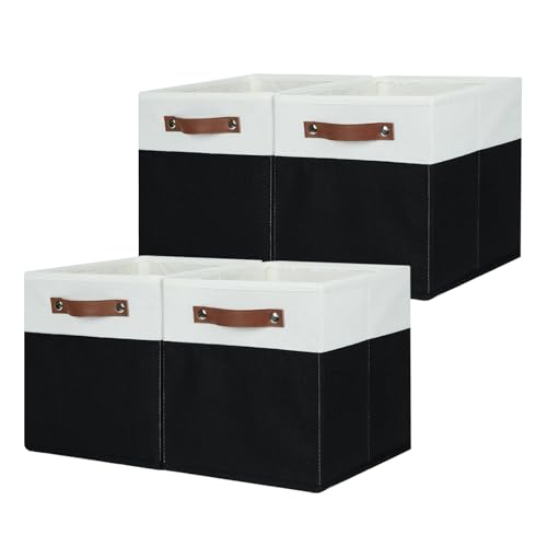 HNZIGE Cubes Storage Bins Set of 4,11 x 11 Fabric Storage Cube Baskets for Storage,Decorative Storage Bins for Shelves with Handles,Closet Clothes Baskets for Organizing Home(Black White) - color: White, size: 11"x11"x11"-4pack