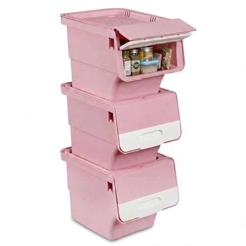 Giantex Plastic Stackable Storage Bins with Lids & Wheels, 3 Pack Open Front Stacking Bins, Organizer Bins for Pantry, Kitchen, Laundry, Closet, Playroom, Bedroom Organization (12.5 QT) - color: White + Pink, size: 3 Pack, 12.5 QT