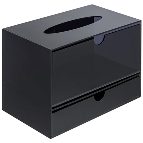 MyGift Premium Black Acrylic Cosmetic Organizer Caddy and Tissue Box Cover with Pull Out Makeup Storage Drawer - Countertop Bathroom Supplies Holder - color: Black