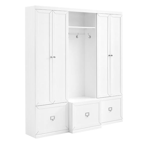BOWERY HILL 3-Piece Modern Wood Entryway Set, 74 in H x 66 in W x 16.38 in D, MDF and Birch Veneer, White Finish, Includes Hall Tree with Hooks and 2 Pantry Closets, Modular Storage for Home