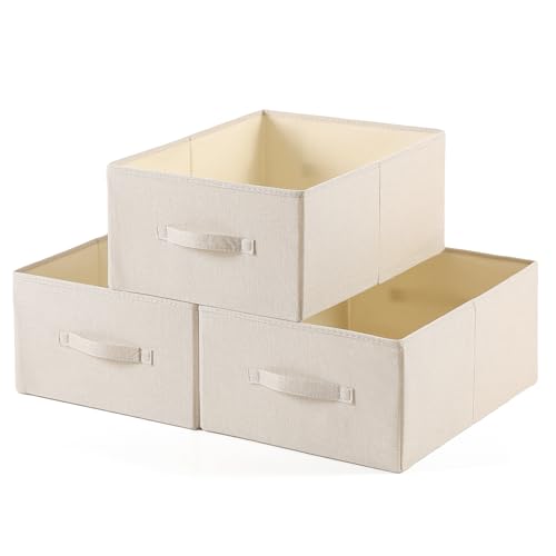Linen Folding Storage Bins, 3 Pack Large Storage Baskets, Washable, Clothing Storage Bins with Handle, Closet Organizer for Storage Sweater,Sheets(Beige, 18½"x13½"x8½") - color: Beige, size: 18½"x13½"x8½"