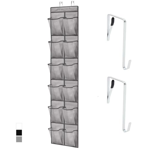 GORILLA GRIP Over the Door Shoe Organizer, 12 Large Breathable Mesh Pockets, Space Saving Hanging Storage Holder, 2 Hook Closet Rack Hanger, Hangs on Closets for Shoes, Accessories, 64H x 9.5W Grey - color: Grey, size: 12 Pockets/2 Hooks