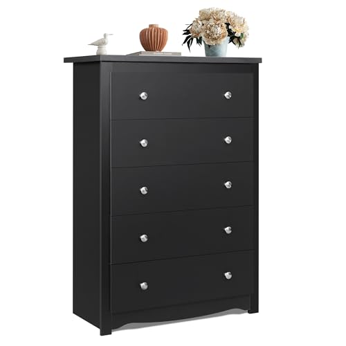 WLIVE Wooden Dresser with 5 Drawers, 45" Tall Black Dresser for Bedroom, Chest of Drawers, Storage Cabinet and Organizer Drawers for Living Room, Hallway, Closet - color: Black, size: 5 Drawers