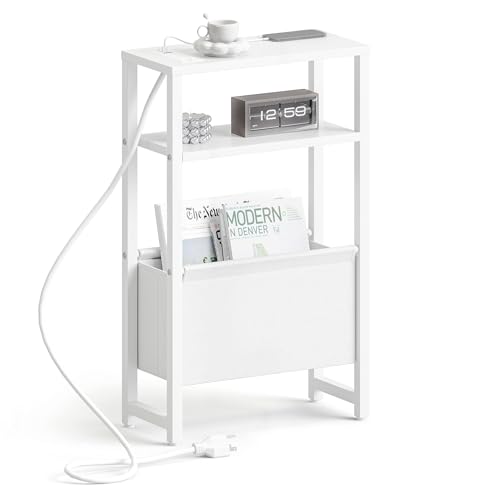 Narrow Side Table with Charging Station Slim End Table Sofa with Magazine Rack, Bedside Table for Small Spaces, 3 Tier Nightstand for Living Room Couch, Bedroom White LET503WE - color: White