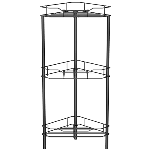 HuggieGems 3 Tier Floor Standing Corner Shower Caddy Organizer Shelf with Hooks, Bathroom Shelves Stand Rack, Black - color: Black, size: 3 Tier