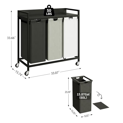 Herture Laundry Hampers with Shelf, Laundry Basket 3 Section, Laundry Sorter with Pull-Out Removable Large 3 Color Bags and Movable Wheels, Metal Frame, 3 x 15.87 Gallons (60L), Black PF04XLK - color: Black + 3-Color, size: 3 Bags-180 L